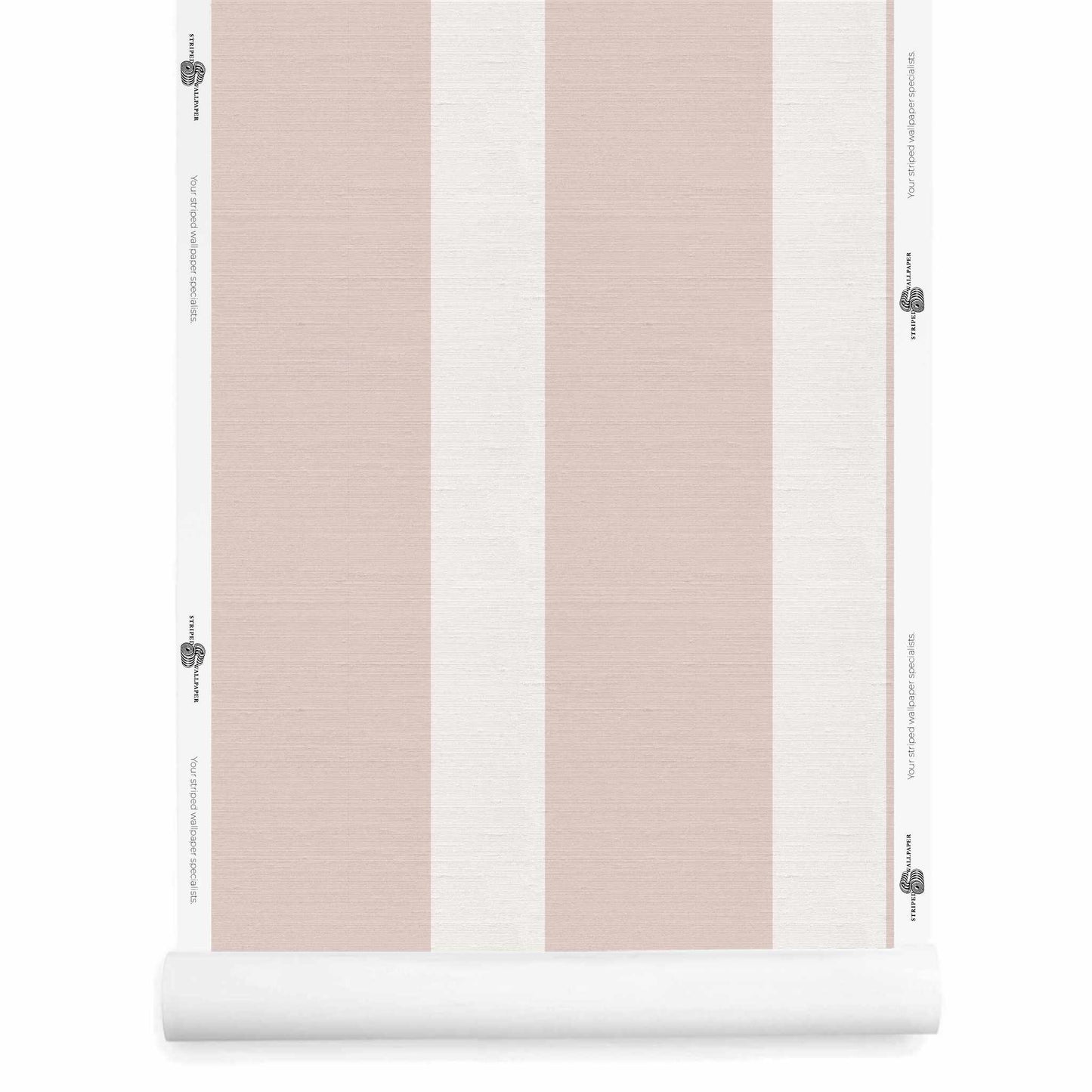 blush stripe wallpaper roll with silk finish and wide irregular stripes in ivory and warm blush