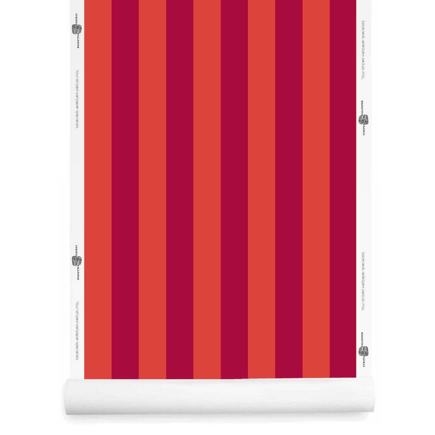 Bright red striped wallpaper roll Alegre in Crimson Kiss Hot Lips medium stripe scale