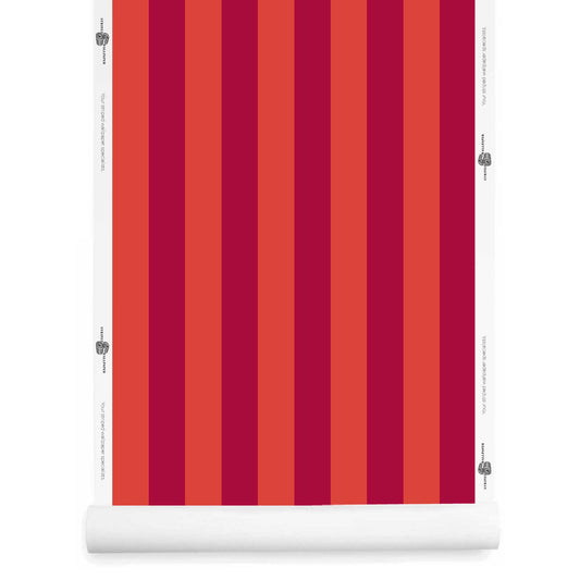 Bright red striped wallpaper roll Alegre in Crimson Kiss Hot Lips medium stripe scale