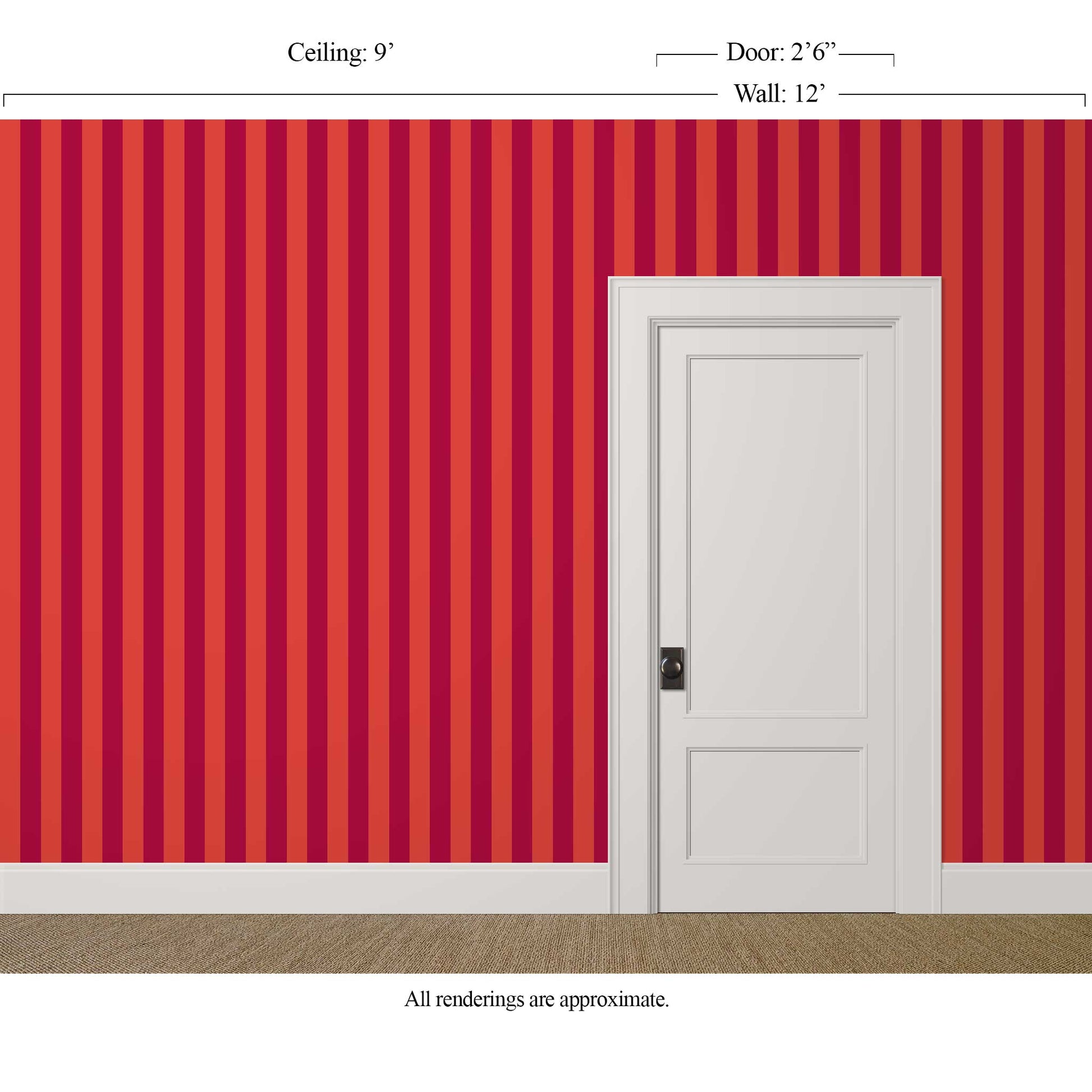 Bright red striped wallpaper Alegre in Crimson Kiss and Hot Lips in a restaurant hallway with white door and trim