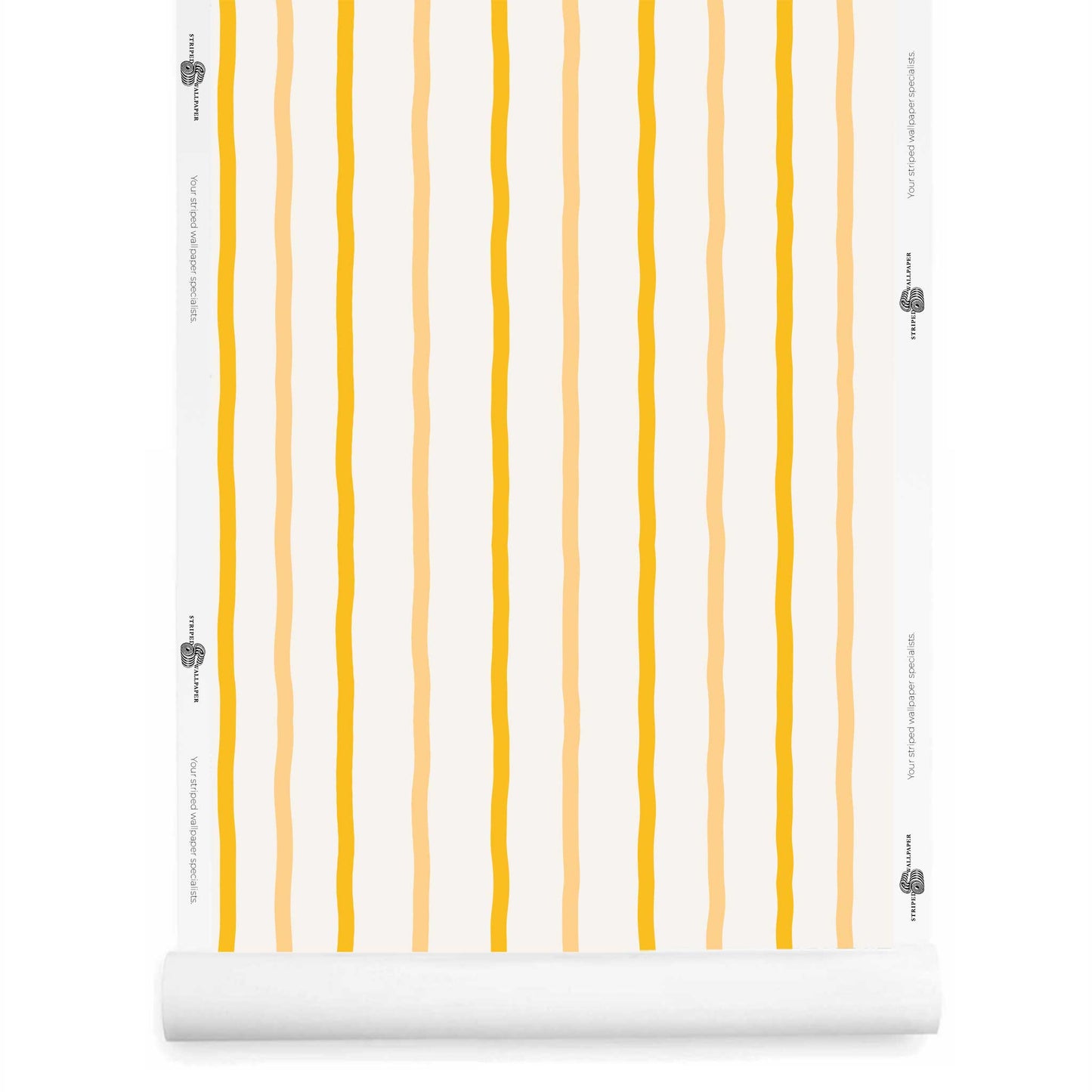 A roll of bright yellow striped wallpaper with white background – Earlham wallpaper roll