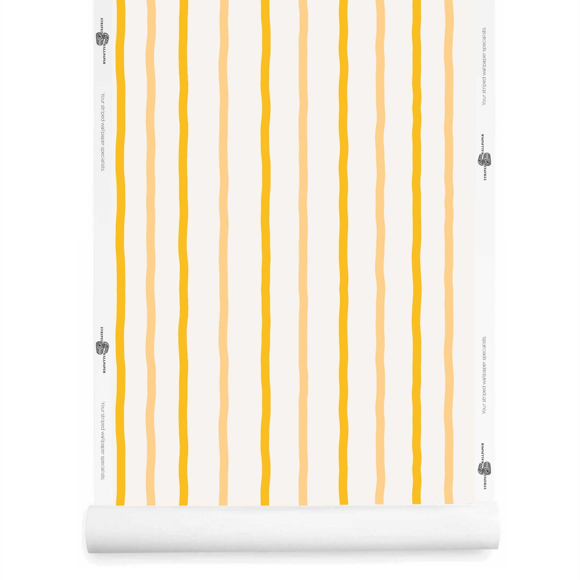 A roll of bright yellow striped wallpaper with white background – Earlham wallpaper roll