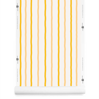 A roll of bright yellow striped wallpaper with white background – Earlham wallpaper roll