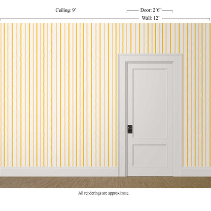 Wavy bright yellow striped wallpaper in ivory, lemon drop, and saffron in a cheerful, light-filled kitchen
