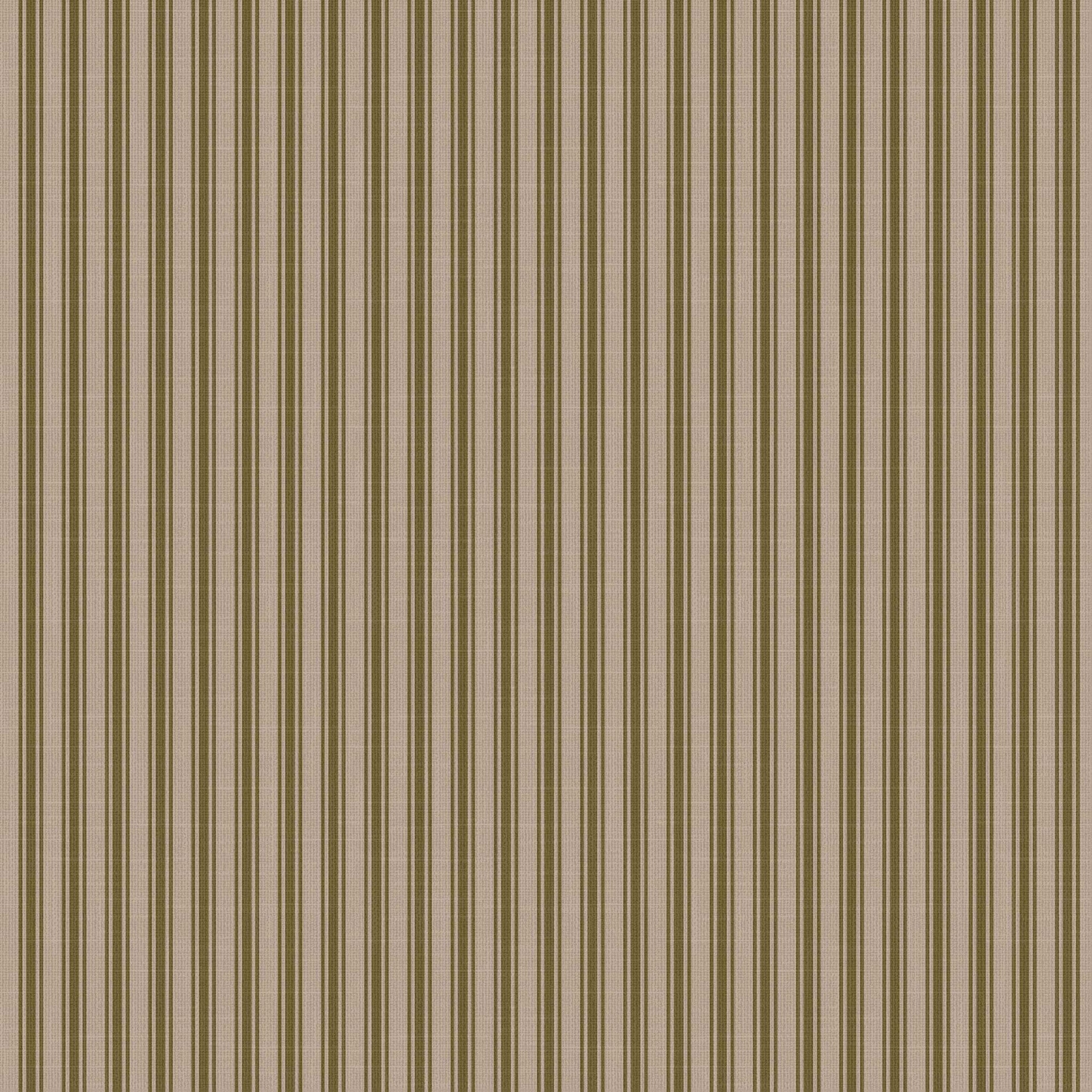 Meadowbrook wallpaper detail – mushroom and chocolate ticking stripes with linen overlay