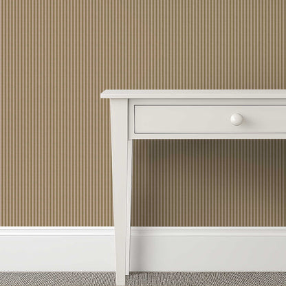 Narrow mushroom and chocolate ticking stripe wallpaper in an industrial loft study