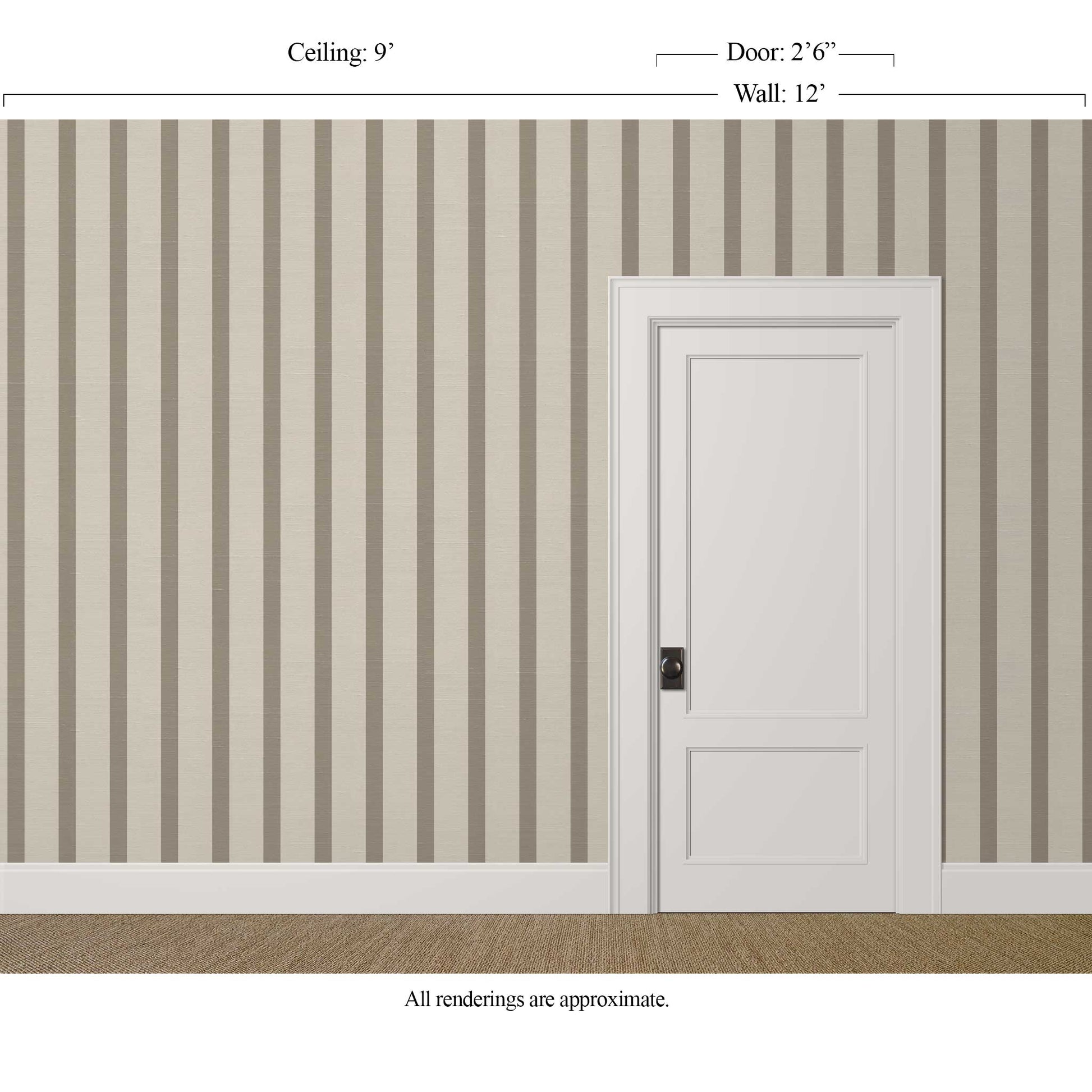Vertical brown and beige striped wallpaper with silk finish in a calm, tailored living room