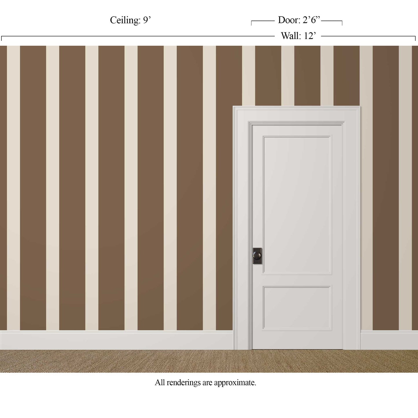 Wide brown and cream striped wallpaper with flat finish in a large, architectural room