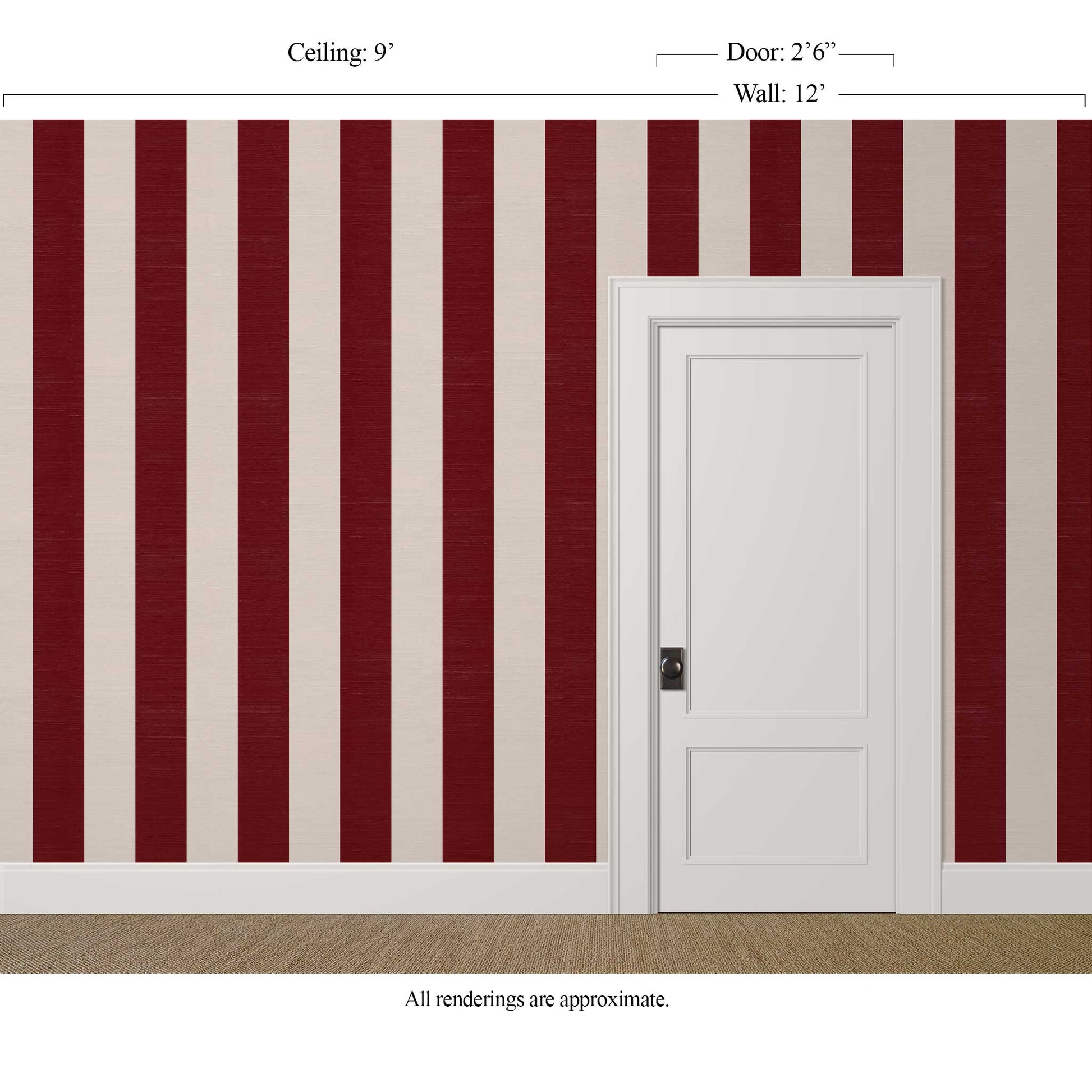 Burgundy and cream striped wallpaper with silk finish in a high end fashion boutique