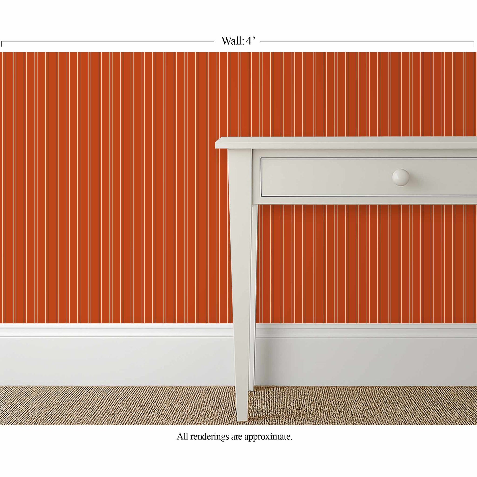 Double pinstripe burnt orange wallpaper in a tailored entryway with warm wood and cream trim