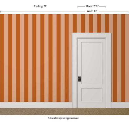 Wide, low-contrast burnt orange striped wallpaper in a modern dining room setting