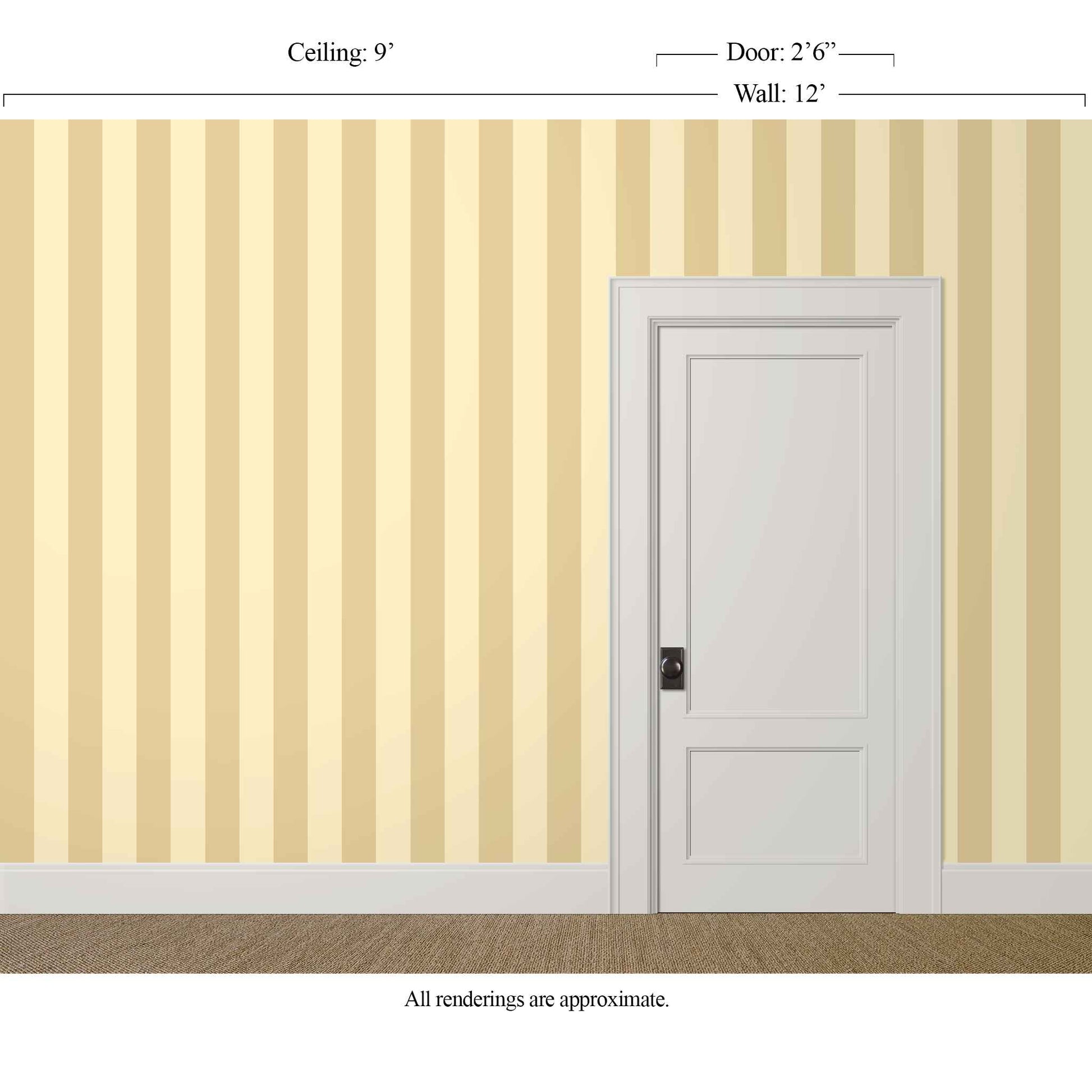 Wide butter yellow striped wallpaper in a classic dining room