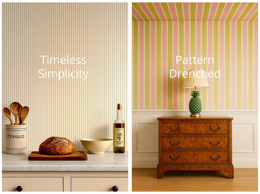 Side-by-side interiors featuring striped wallpaper. Left: cream pinstripe wallpaper in a classic kitchen with bread and utensils, captioned “Timeless Simplicity.” Right: pink and green striped wallpaper covering walls and ceiling in a traditional room with pineapple lamp and chest of drawers, captioned “Pattern Drenched.”
