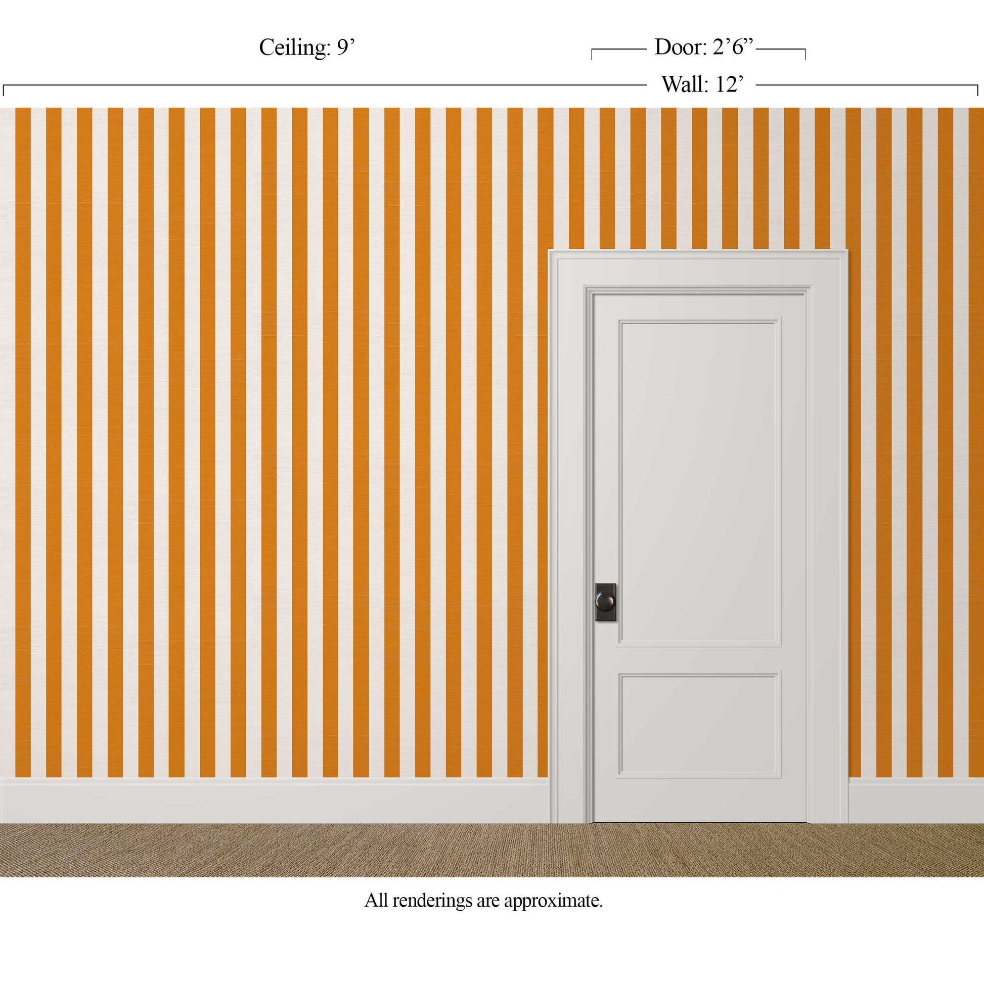 Orange and white striped wallpaper with silk finish in a bright hallway with white trim