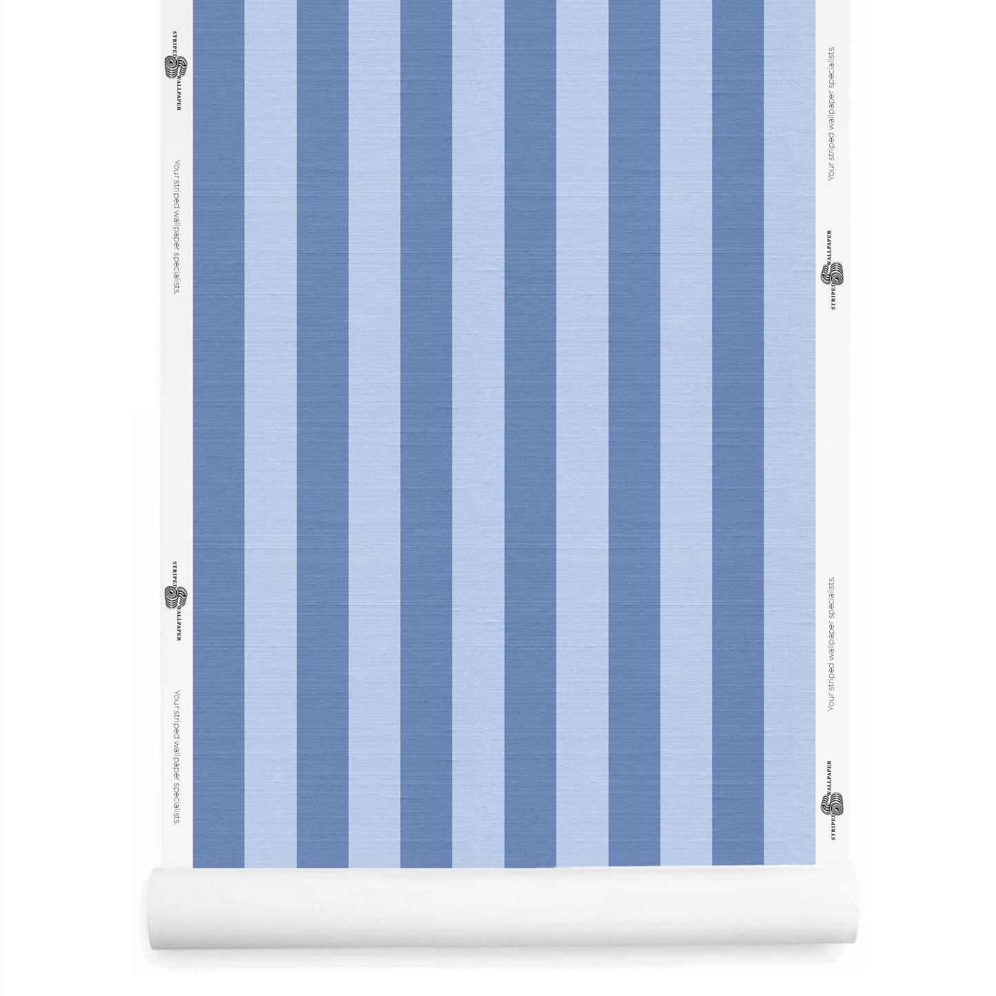 Sky blue and periwinkle striped wallpaper roll with silk finish
