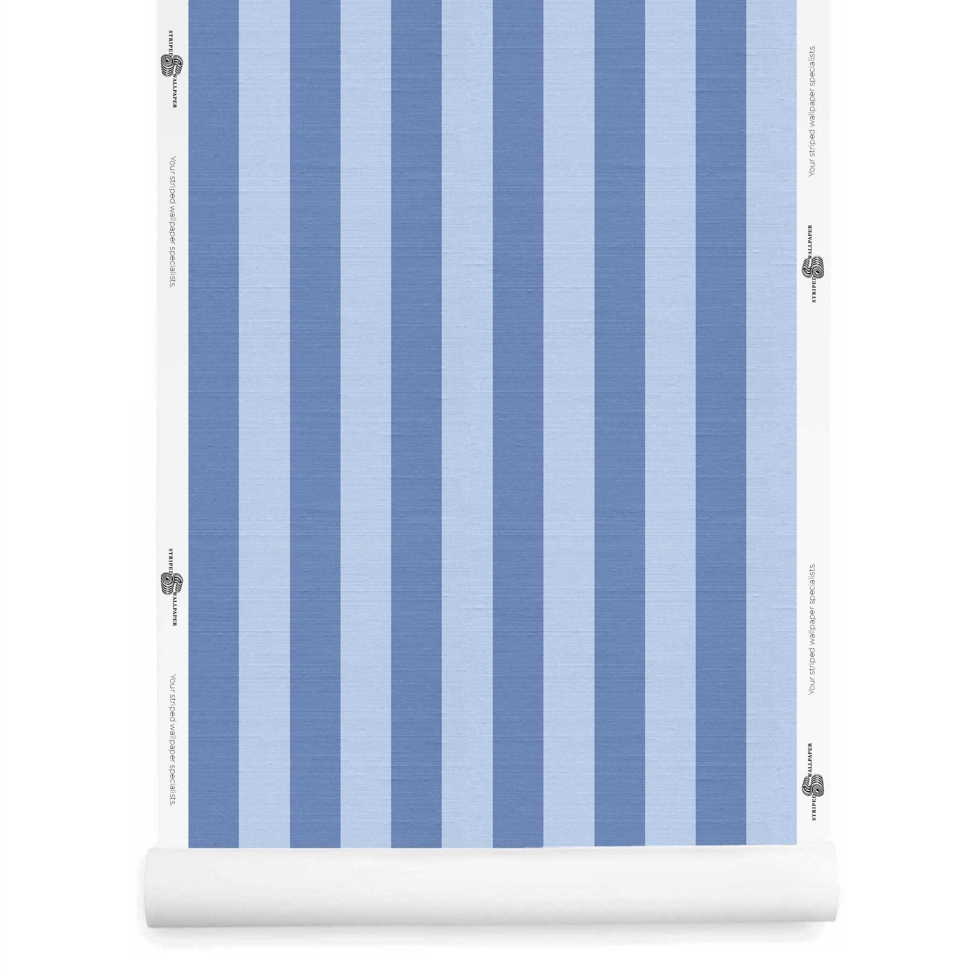 Sky blue and periwinkle striped wallpaper roll with silk finish