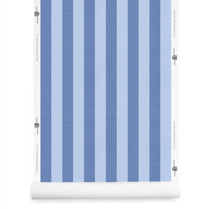 Sky blue and periwinkle striped wallpaper roll with silk finish