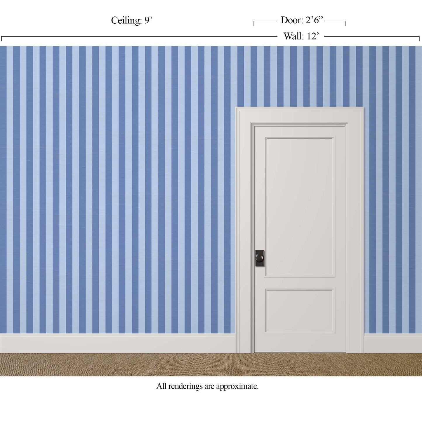 Classic sky blue and periwinkle striped wallpaper with silk finish in an elegant interior