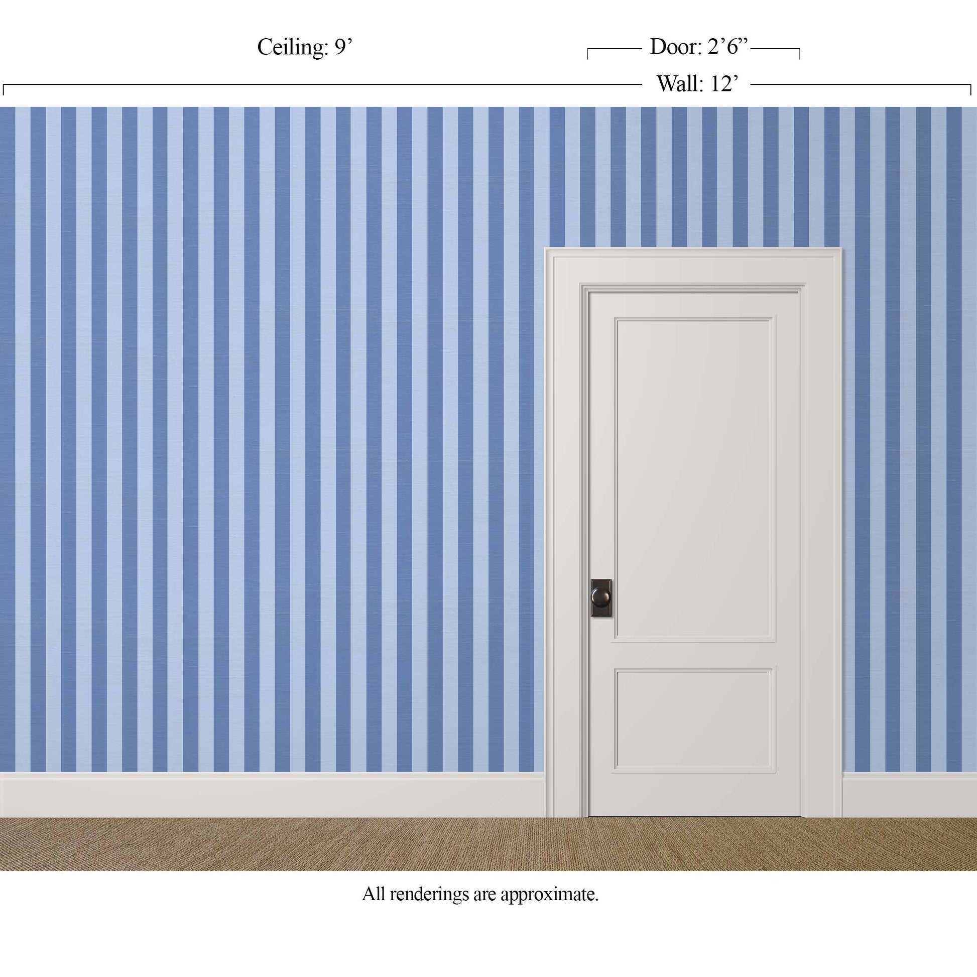 Classic sky blue and periwinkle striped wallpaper with silk finish in an elegant interior