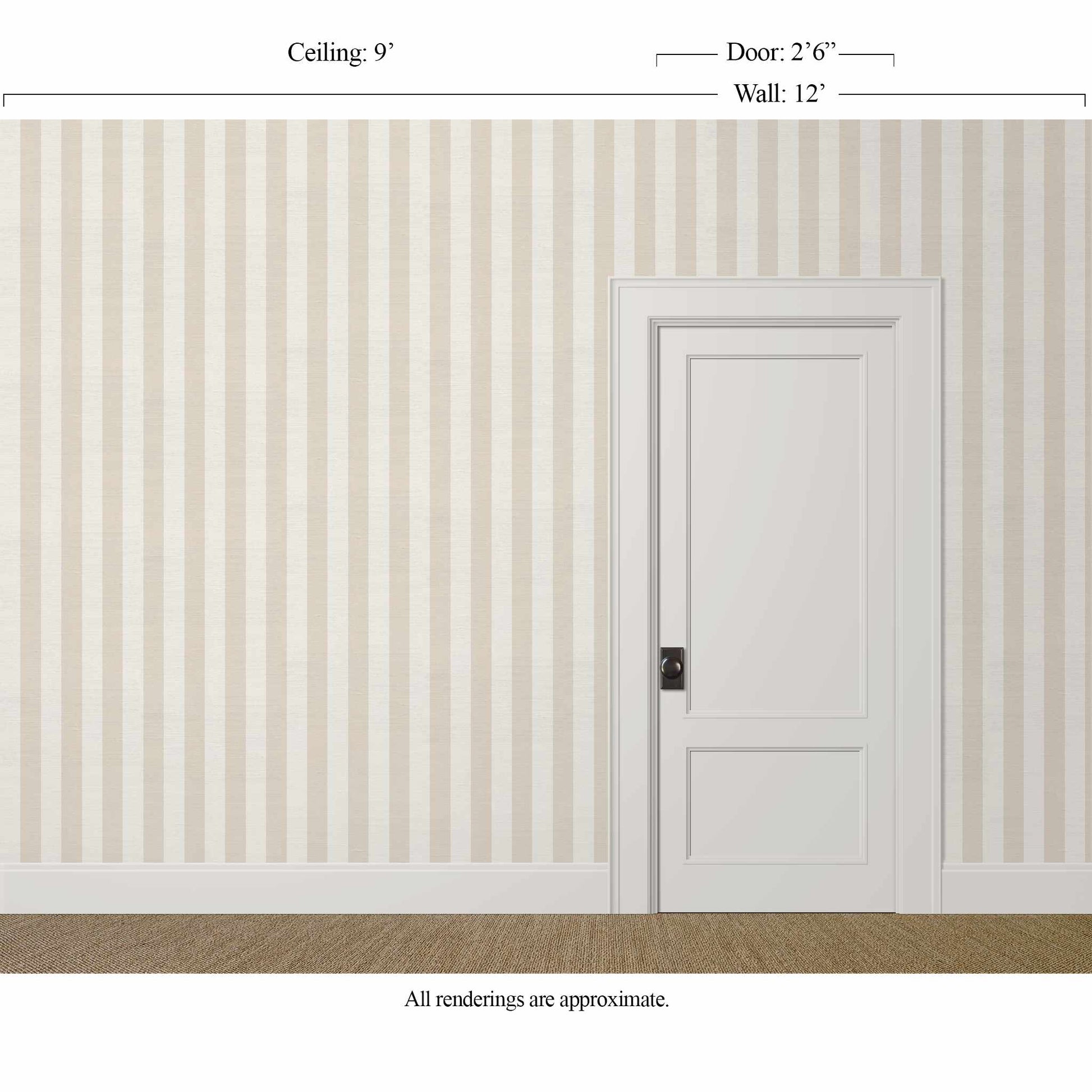 Medium-scale cream and white striped wallpaper with silk finish in a tailored neutral bedroom
