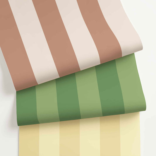 Customizable broad striped wallpaper in a bold 5-inch stripe pattern, shown in playful colors for classic or contemporary interiors.
