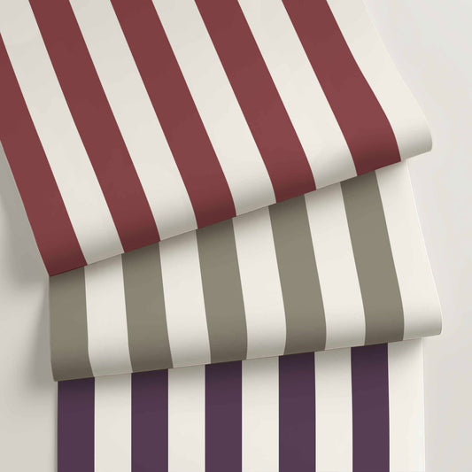 Customizable cabana stripe wallpaper with bold 3-inch stripes in coastal-inspired colors, perfect for airy, tailored interiors or casual spaces.