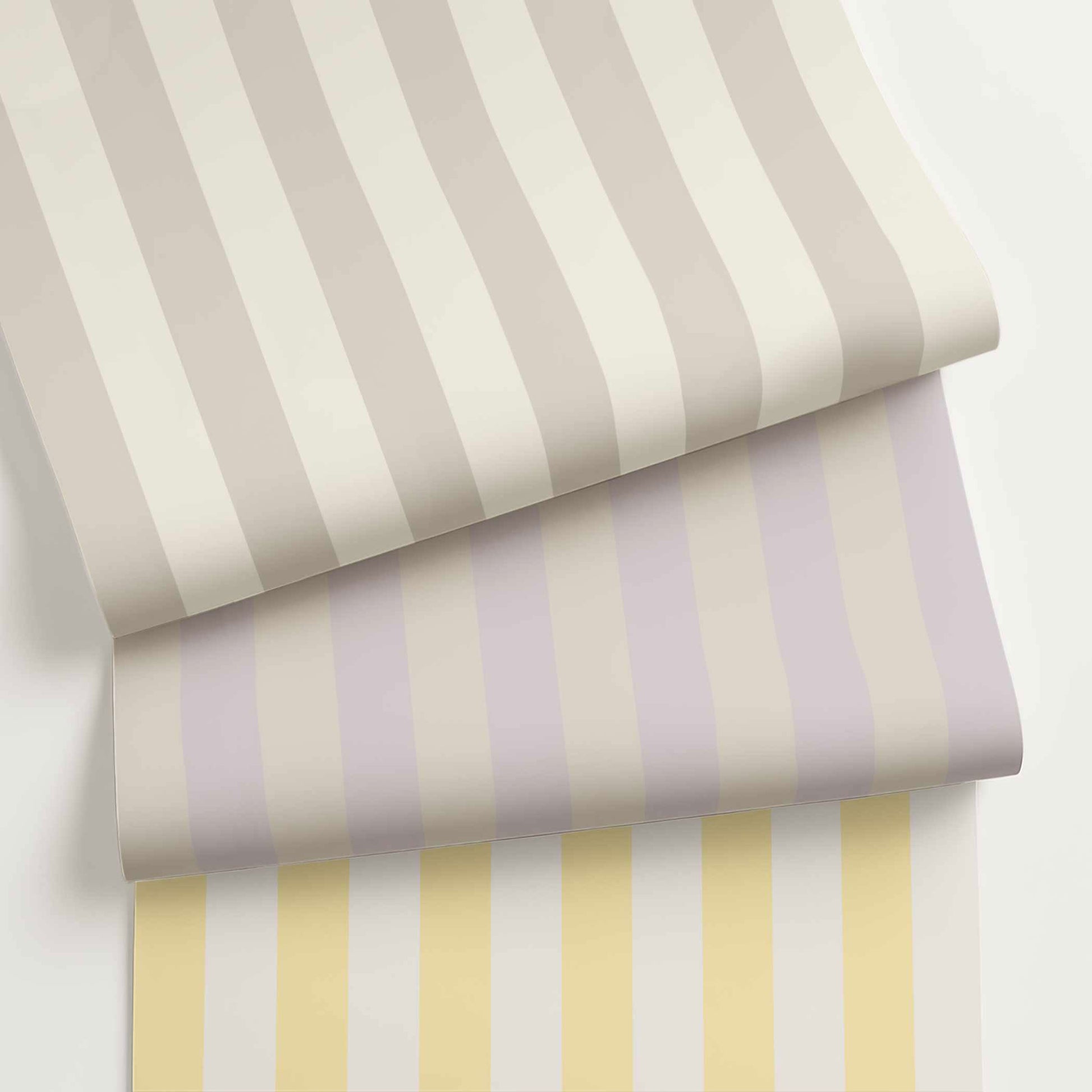 Customizable simple striped wallpaper in a 1-inch stripe pattern, shown in fresh colors for transitional traditional and preppy interiors.