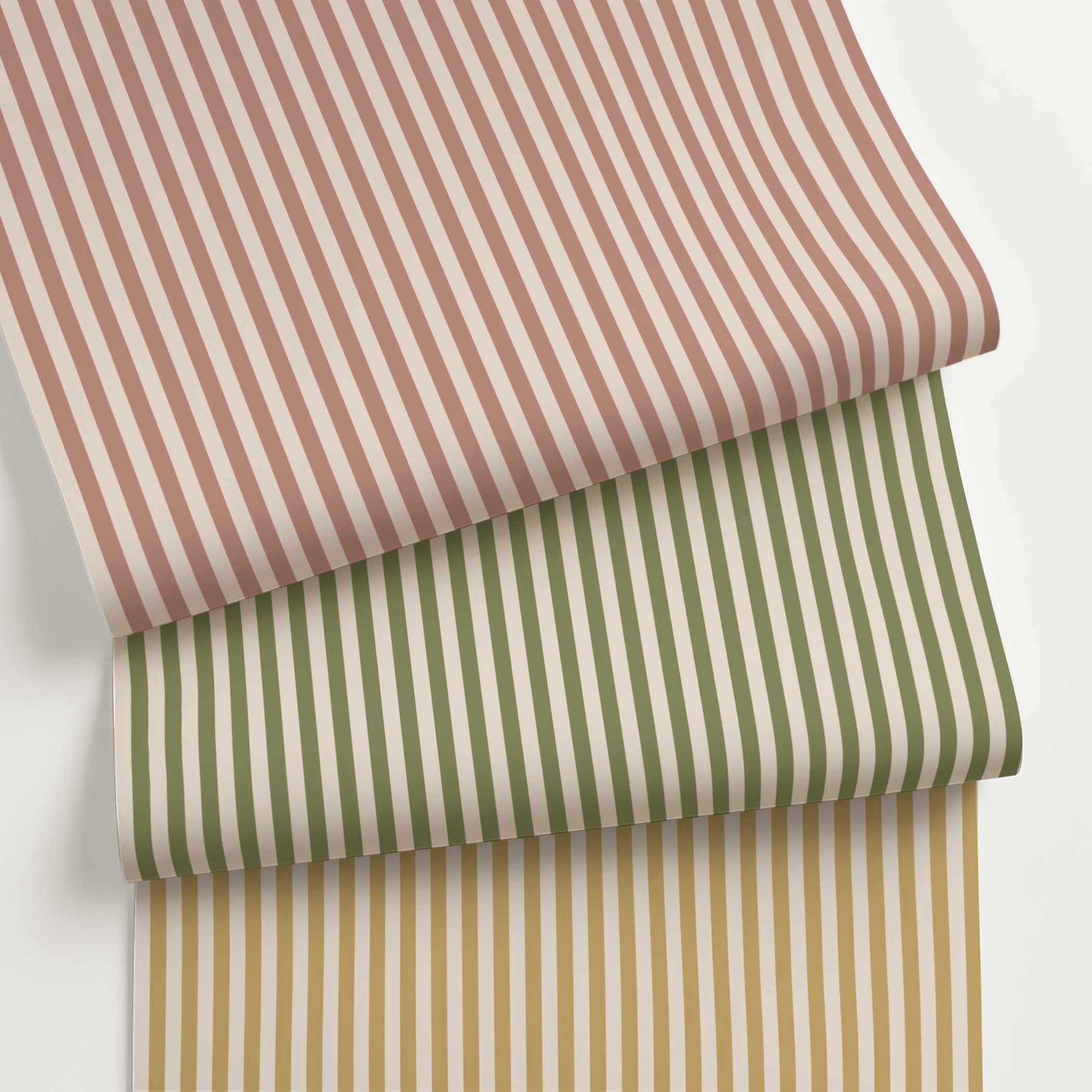 Customizable narrow striped wallpaper in a half-inch stripe pattern, shown in soft neutrals for tailored, transitional interiors.