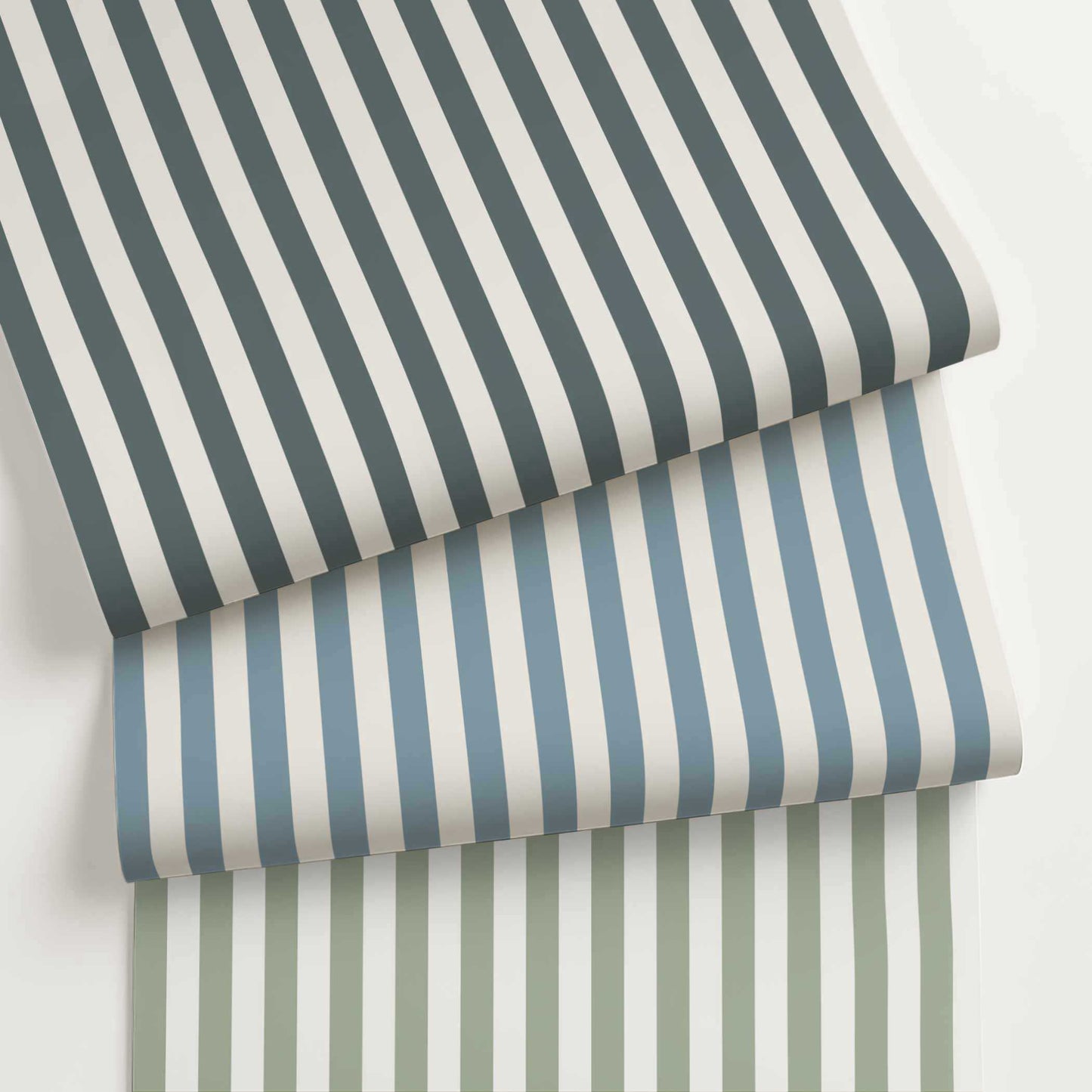 Customizable simple striped wallpaper in a 1-inch stripe pattern, shown in fresh colors for transitional traditional and preppy interiors.