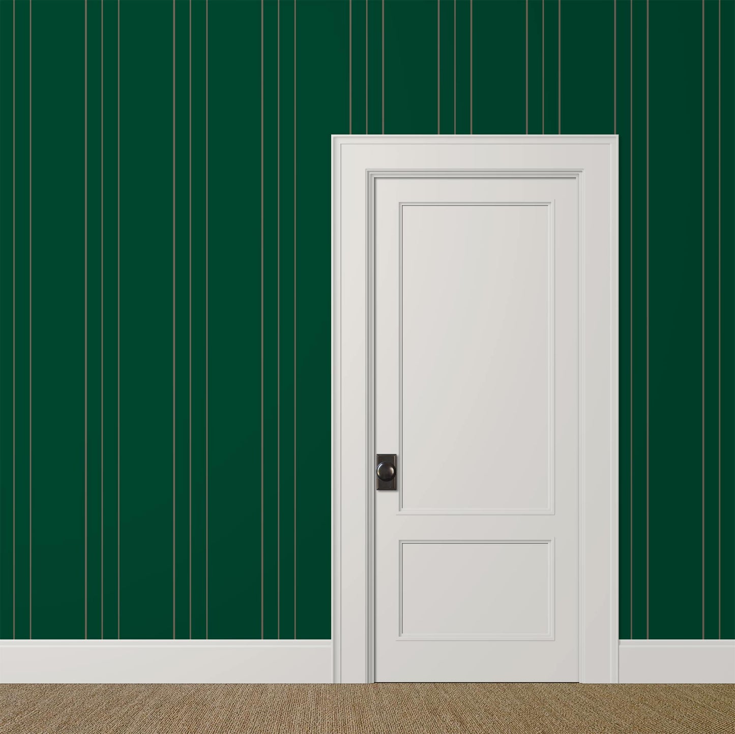 dark green pinstripe wallpaper in a tailored study with masculine elegance