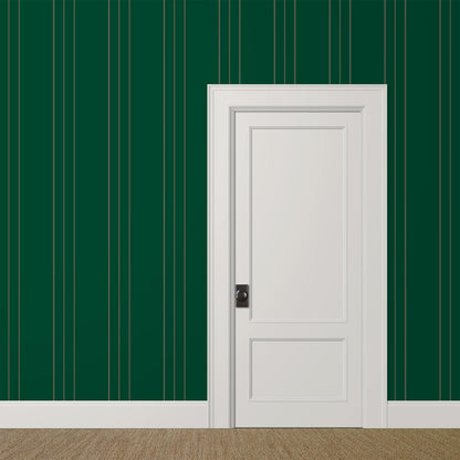 dark green pinstripe wallpaper in a tailored study with masculine elegance