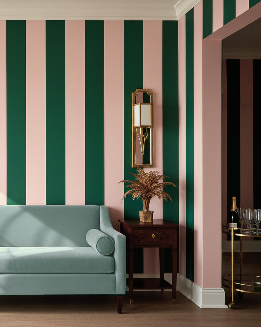 Colorful striped wallpaper interior showing how to shop wallpaper by color