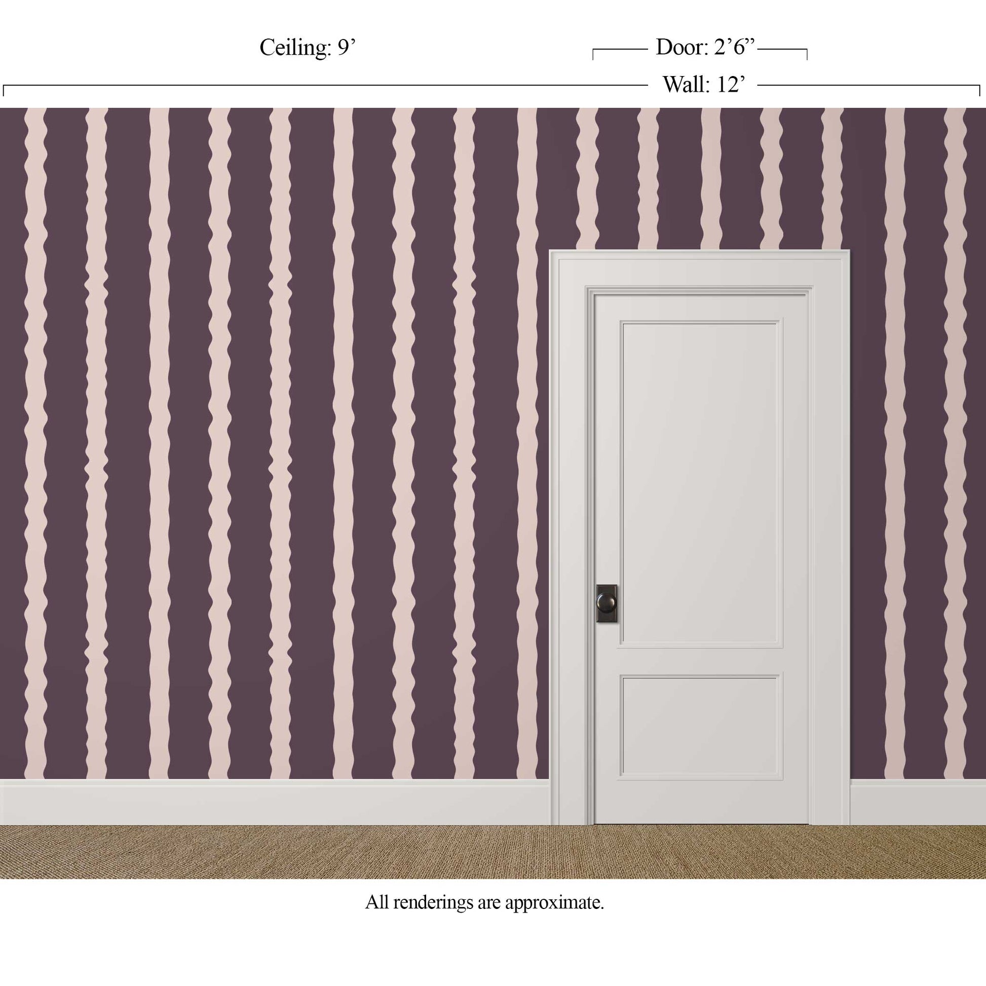 Wavy dusty purple striped wallpaper in a calm interior with classic door trim
