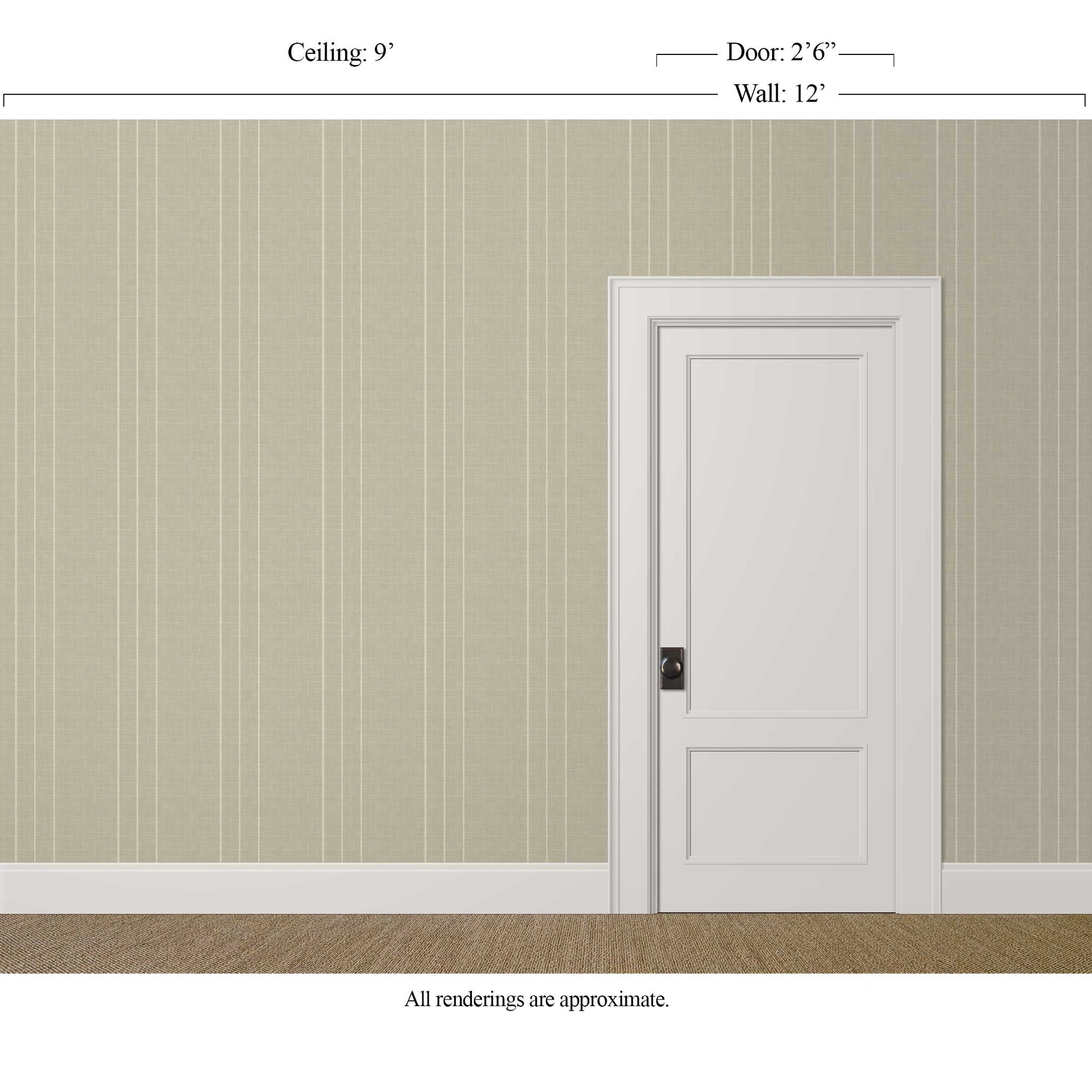 Ecru and beige pinstriped wallpaper with linen finish in a lived-in, understated interior