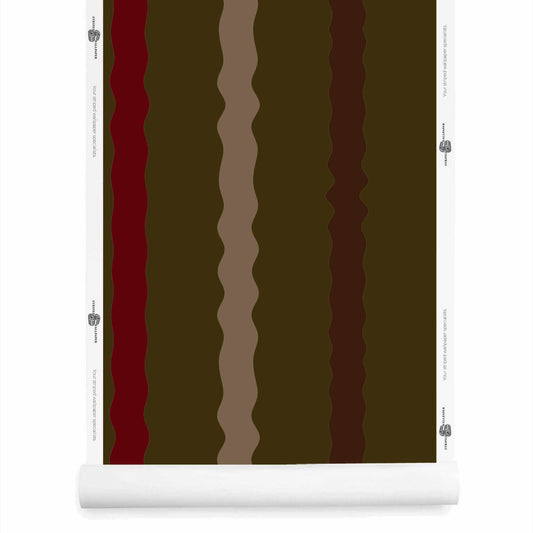 Espresso brown wavy striped wallpaper roll with burgundy and beige accents