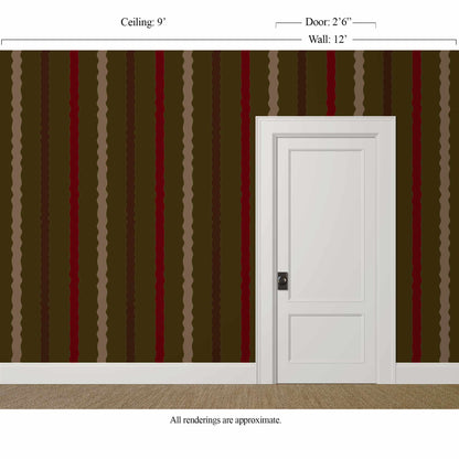 Espresso brown wavy striped wallpaper in a moody, after-hours interior