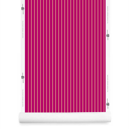 fuchsia ticking stripe wallpaper roll in diva pink and wheat