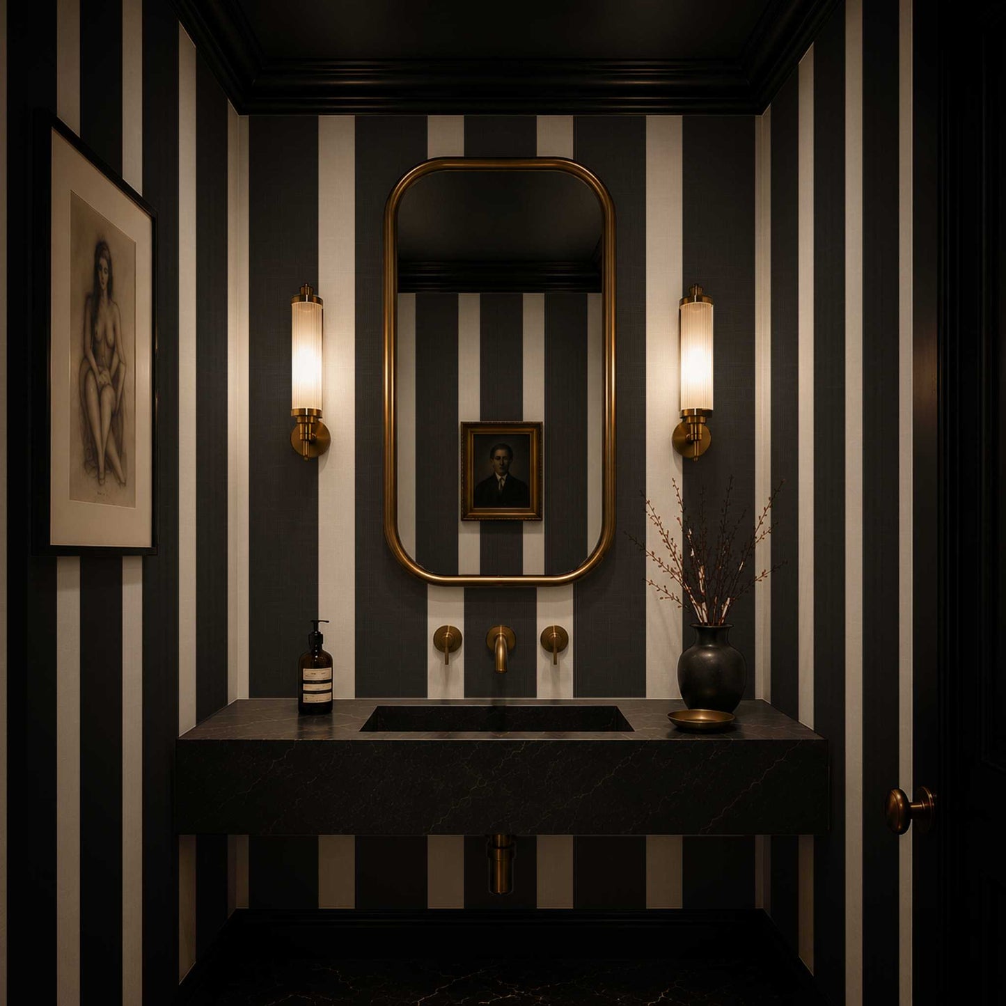 Sophisticated powder room with black and white wide striped wallpaper, a mirror, and decorative elements.