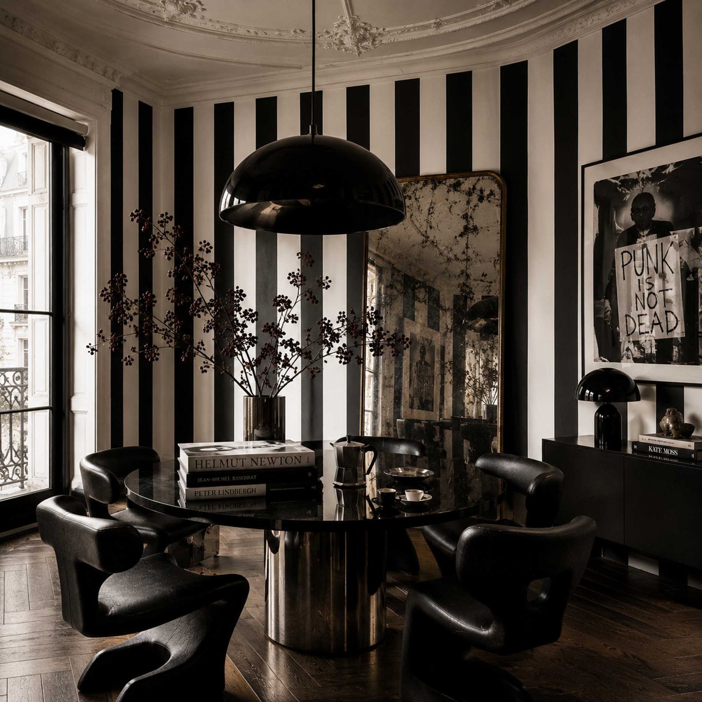 Modern interior in a traditional Parisian building with black and white striped walls, black round table, and stylish chairs.