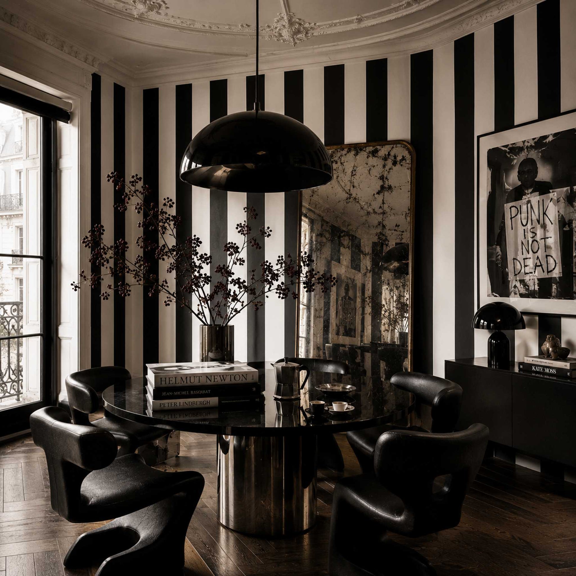 Modern interior in a traditional Parisian building with black and white striped walls, black round table, and stylish chairs.