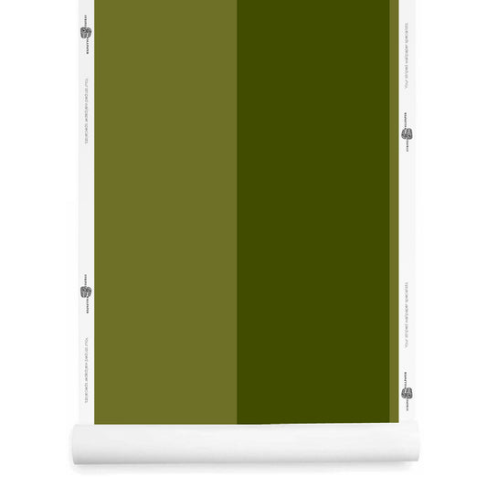 Green extra wide striped wallpaper roll – Lake pattern in canopy and olive