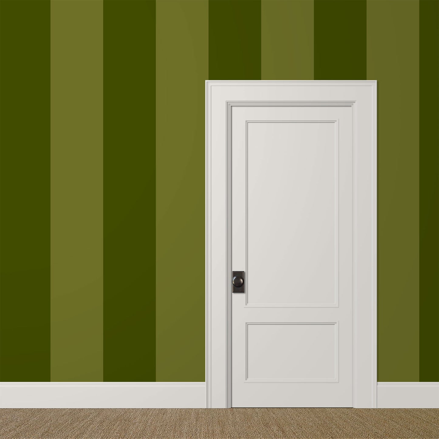 Green extra wide striped wallpaper with broad canopy and olive stripes in a modern interior