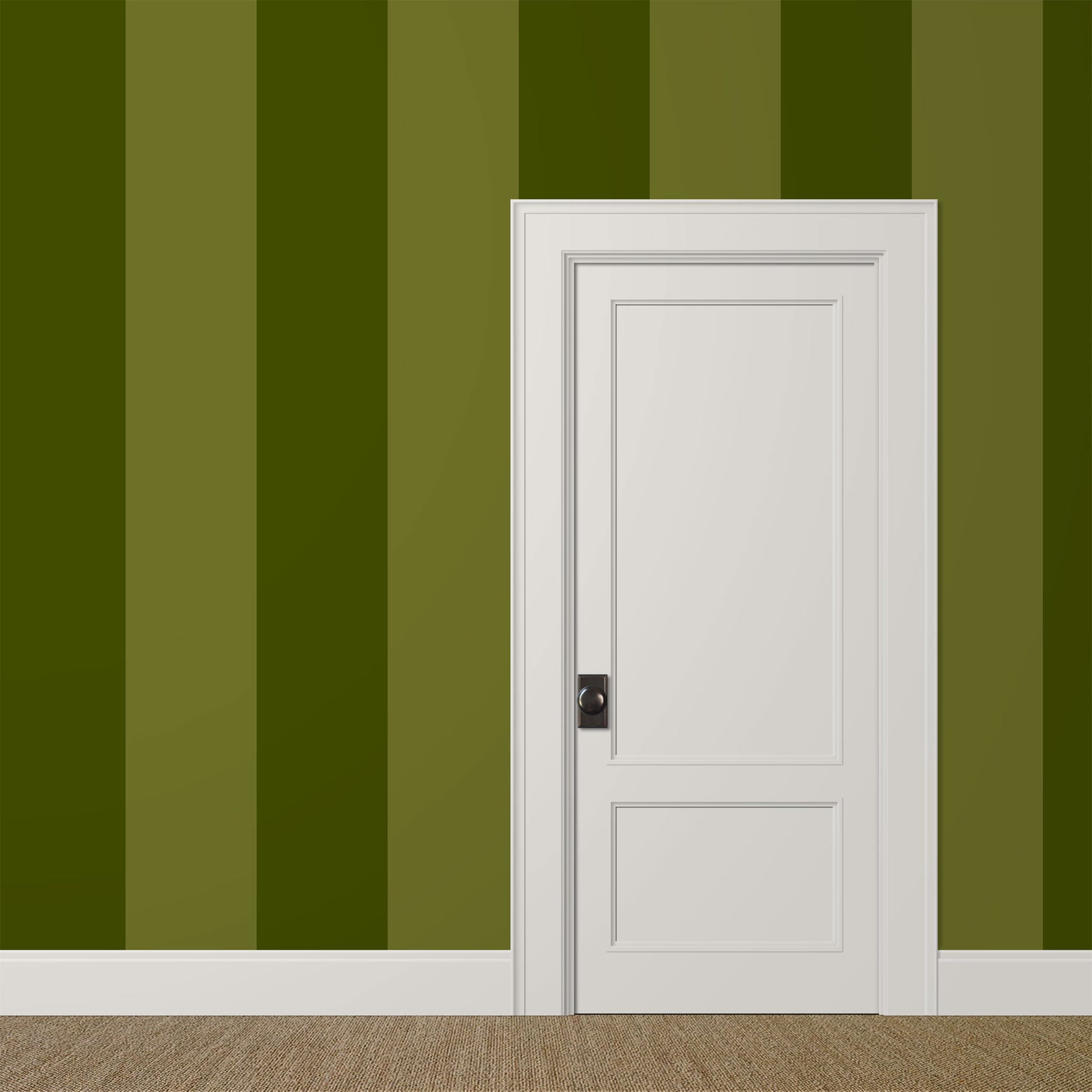 Green extra wide striped wallpaper with broad canopy and olive stripes in a modern interior
