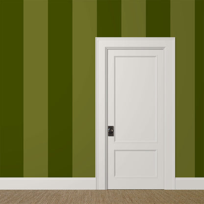 Green extra wide striped wallpaper with broad canopy and olive stripes in a modern interior