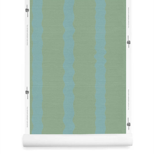 Roll of Green and Blue Wavy Striped Wallpaper – Maiden Celadon Eucalyptus