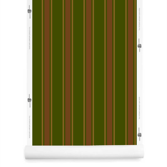 Roll of Green and Brown Striped Wallpaper – La Solana Canopy Hide Syrup