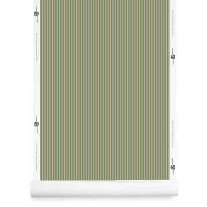 Green and Grey Striped Wallpaper Roll – Meadowbrook Ticking Stripe, Artisan Printed in California