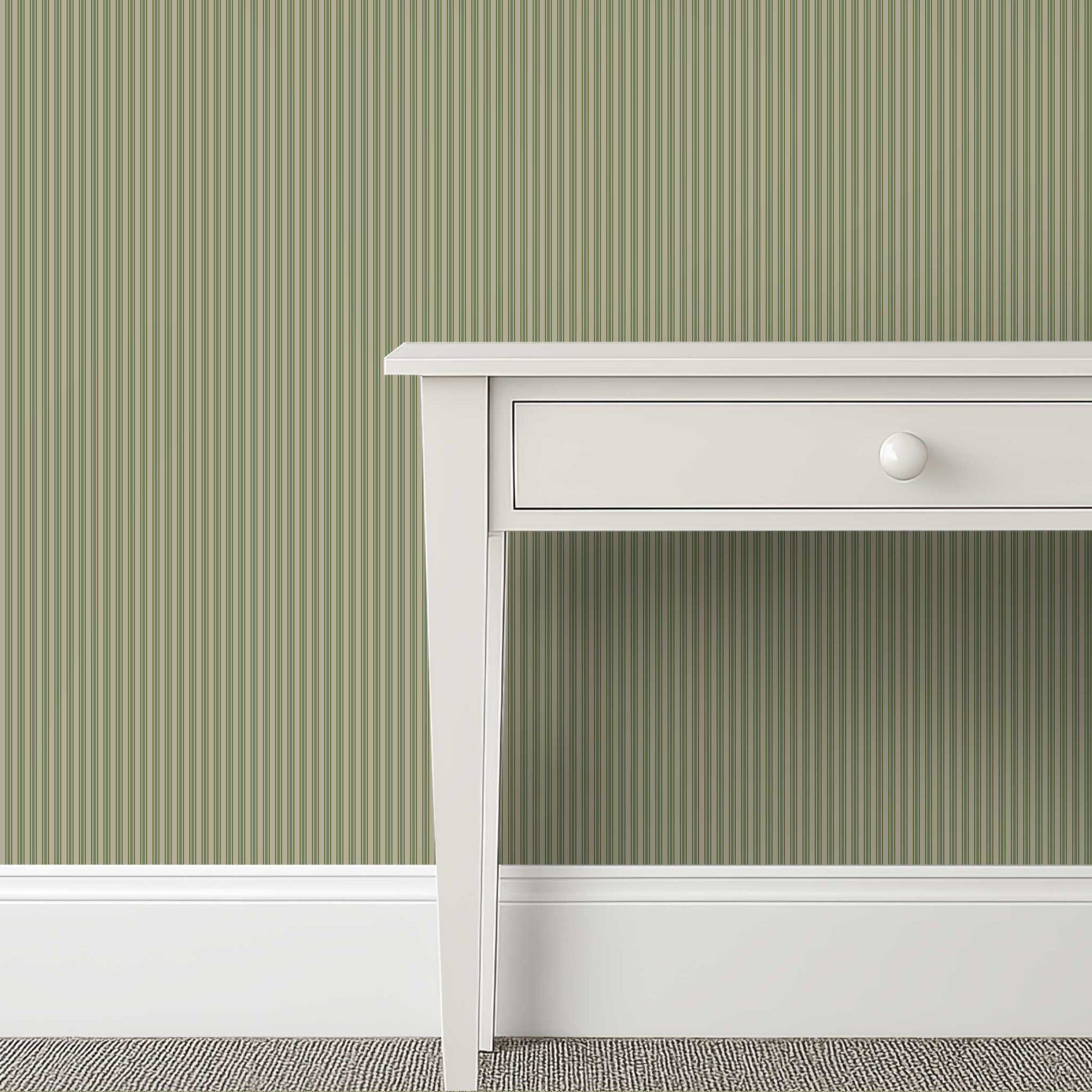 Green and Grey Striped Wallpapered Room – Meadowbrook Ticking Stripe for Classic Countryside Interiors
