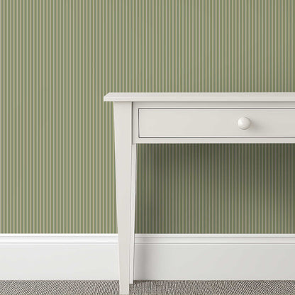 Green and Grey Striped Wallpapered Room – Meadowbrook Ticking Stripe for Classic Countryside Interiors