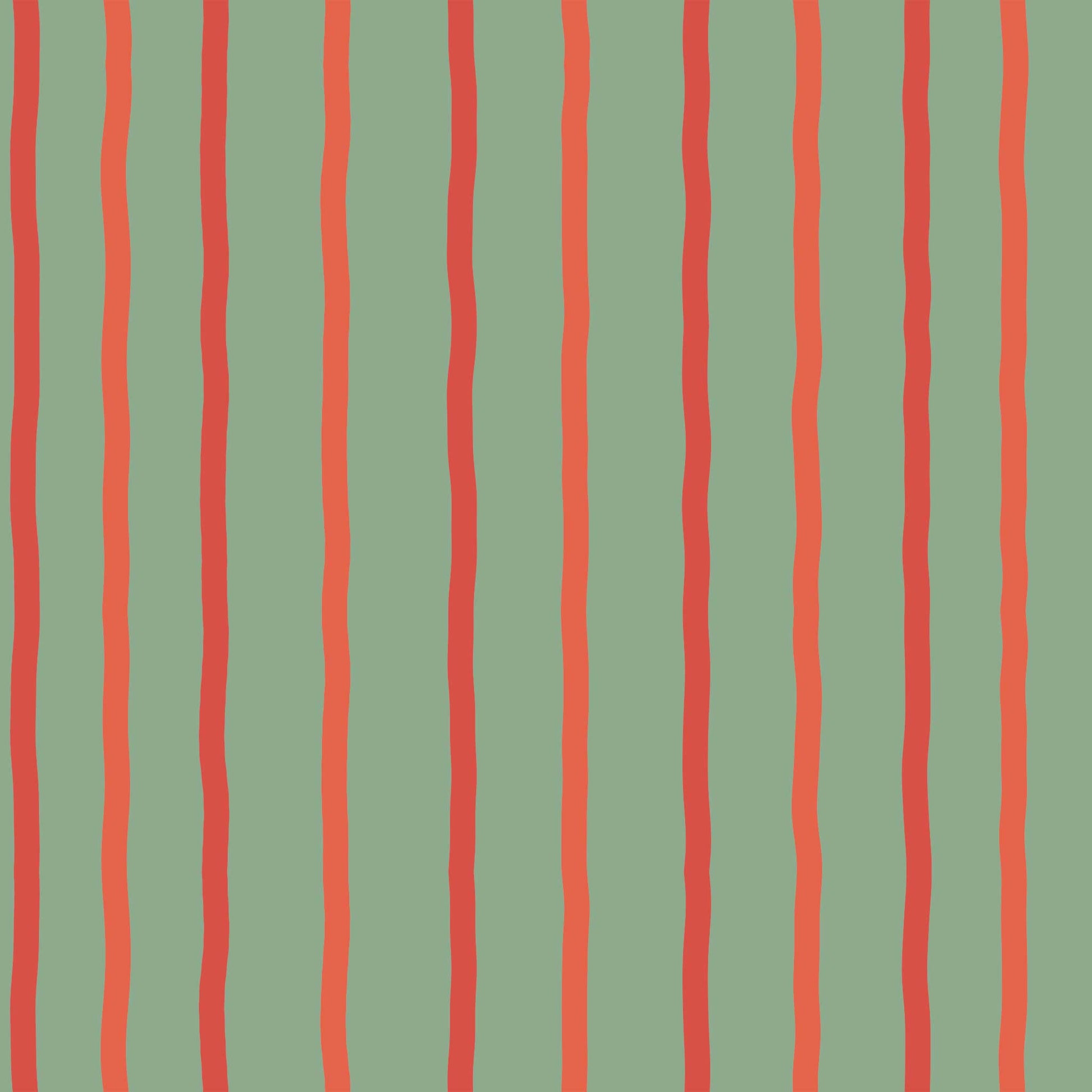 Green and Red Striped Wallpaper Pattern – Earlham – Celadon, Sedona, Bright Brick